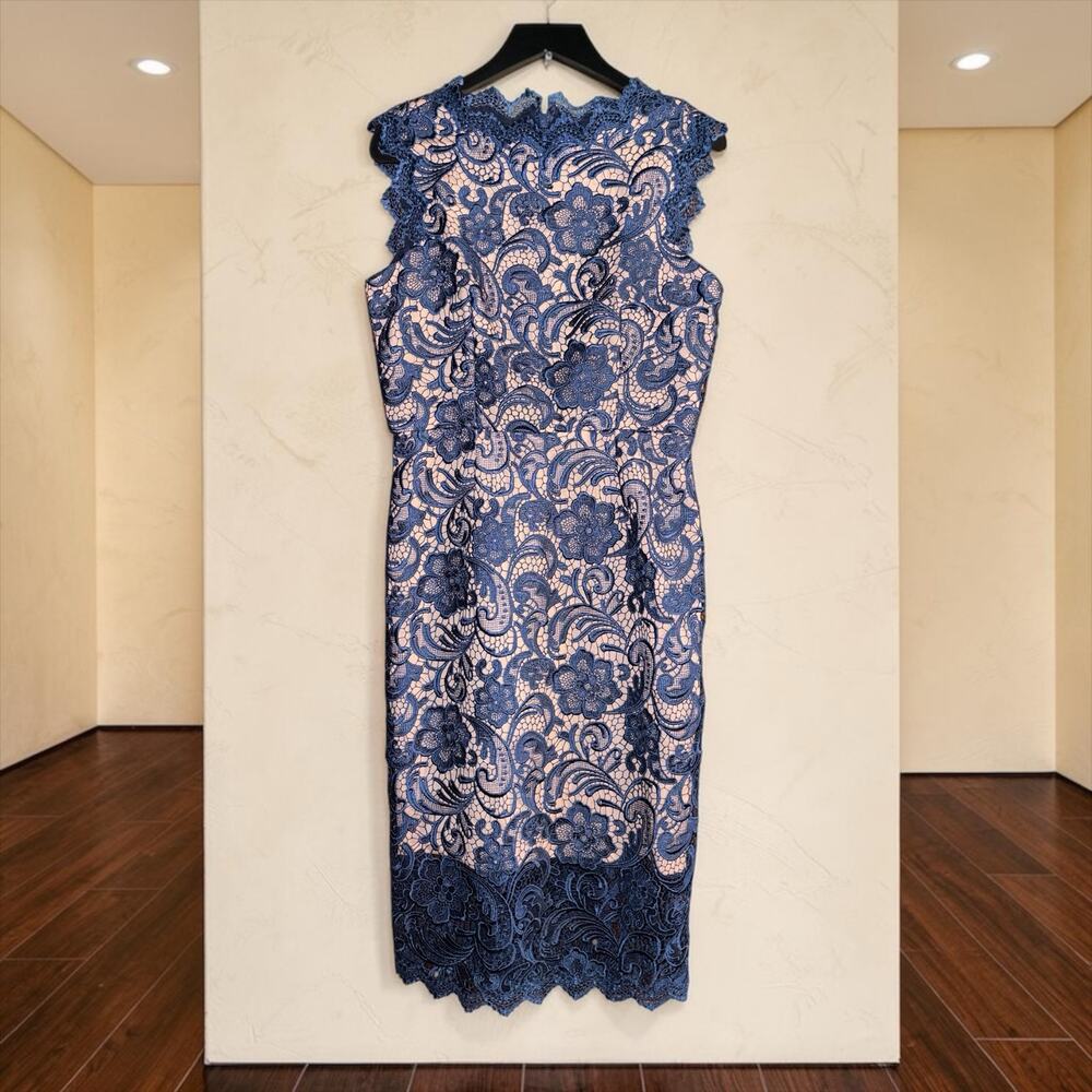 Dress the Population Claudette Blue Crochet Lace Midi Dress NWT Large Cocktail